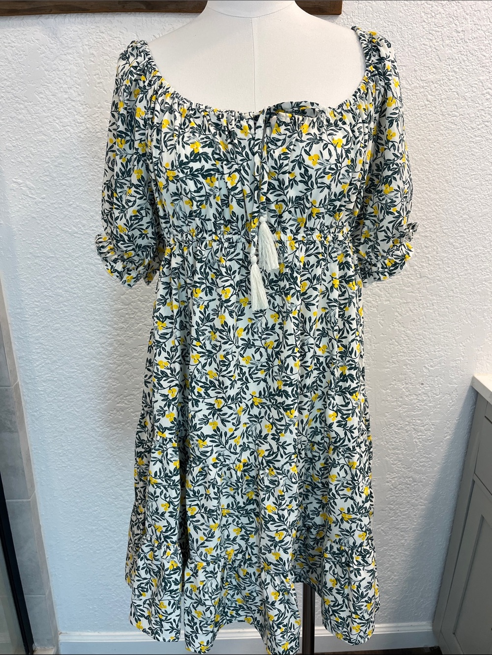 Floral Smocked Dress with Tassel Tie - White, Green & Yellow